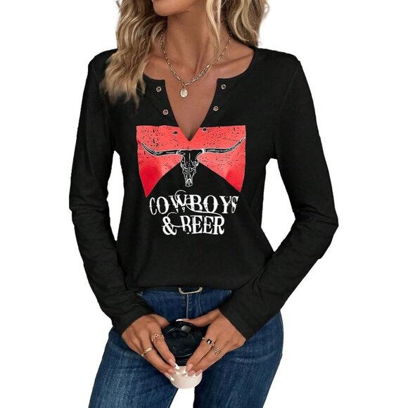 Tops - Women's Black 3 Cowgirl Western Graphic Tee Notched Neck Long Sleeve Shirt Top